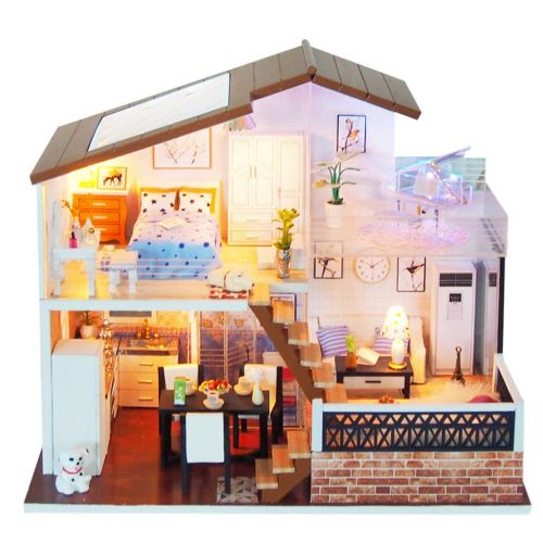  Binory 3D Wooden DIY Miniature Cozy Couple Duplex Apartment with Furniture LED House,Hand-assembled Villa Model Creative Gifts,DIY Miniature Dollhouse Kit,Creative Valentines Day G