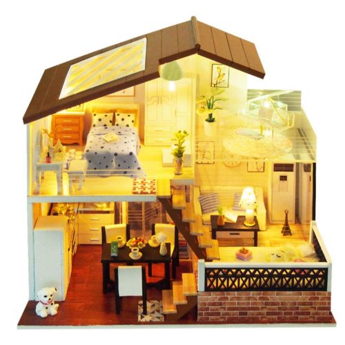  Binory 3D Wooden DIY Miniature Cozy Couple Duplex Apartment with Furniture LED House,Hand-assembled Villa Model Creative Gifts,DIY Miniature Dollhouse Kit,Creative Valentines Day G