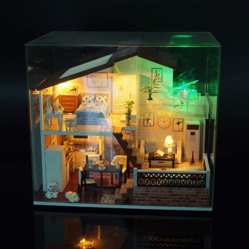  Binory 3D Wooden DIY Miniature Cozy Couple Duplex Apartment with Furniture LED House,Hand-assembled Villa Model Creative Gifts,DIY Miniature Dollhouse Kit,Creative Valentines Day G