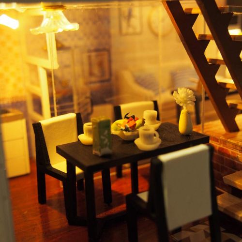  Binory 3D Wooden DIY Miniature Cozy Couple Duplex Apartment with Furniture LED House,Hand-assembled Villa Model Creative Gifts,DIY Miniature Dollhouse Kit,Creative Valentines Day G