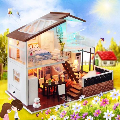  Binory 3D Wooden DIY Miniature Cozy Couple Duplex Apartment with Furniture LED House,Hand-assembled Villa Model Creative Gifts,DIY Miniature Dollhouse Kit,Creative Valentines Day G