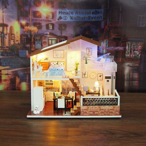  Binory 3D Wooden DIY Miniature Cozy Couple Duplex Apartment with Furniture LED House,Hand-assembled Villa Model Creative Gifts,DIY Miniature Dollhouse Kit,Creative Valentines Day G