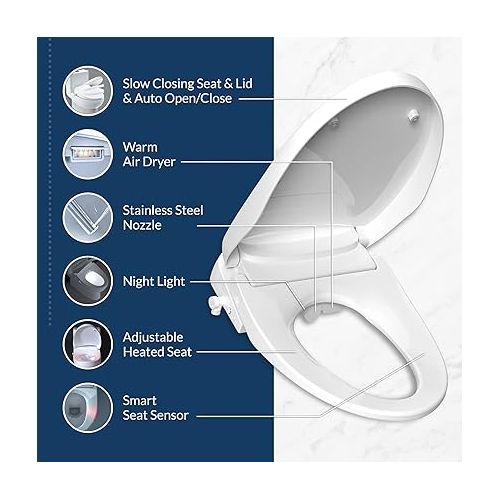  Bio Bidet Discovery DLS Electric Bidet Toilet Seat Elongated, Warm and Cold Water, Warm Air Dryer, Low Profile Heated Seat, Automatic Open and Slow Close Lid, White