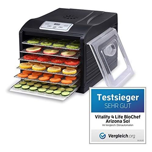  BioChef Arizona Sol Doerrautomat / Doerrgerat mit 6 Einschueben aus Edelstahl PLUS Digitaler Timer + Thermostat, 1x Anti-Haft Folie, 1x feinmaschigen Einlegematte, 1x Auffangblech