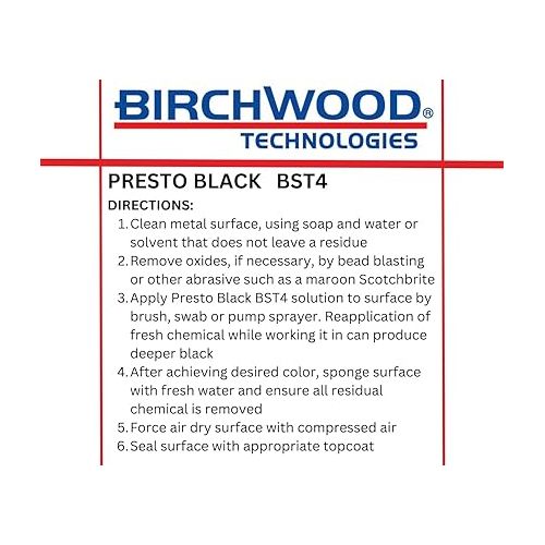  Birchwood Presto Black BST4 Technologies - cold brush on blackener solution for iron and steel alloys traditional patina steel blue and black oxide touch-up (1 Quart)
