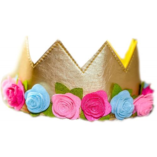  Birdy Boutique Girls Birthday Flower Crown Felt Gold Pink Princess Faux Leather Stretch Simply Gorgeous Pretend Play