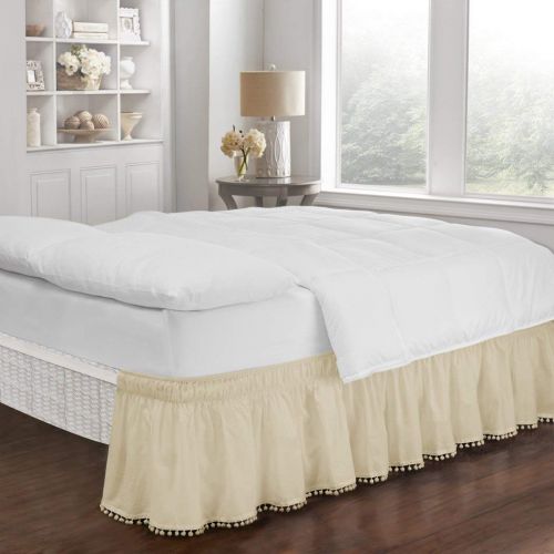  Biscaynebay Ivory Luxury Ruffles Pattern 18-Inch Drop Bed Skirt Queen/ King Size, Beautiful Pom Pom Fringe Design Borders Ruffled Bed Valance, Features Easy-Stretch, Classic Casual Style, Soli