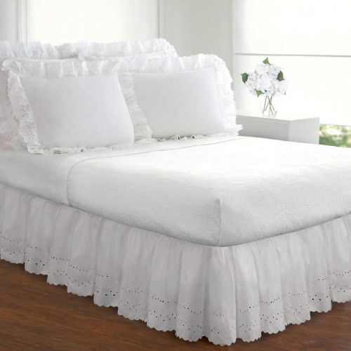  Biscaynebay CA White Ruffles Pattern Bed Skirt Full Size, Elegant Luxurious Eyelet Textured Design Ruffled Bed Valance, Features 18 Inches Drop, Classic Casual Style, Solid Color, Soft & Durab