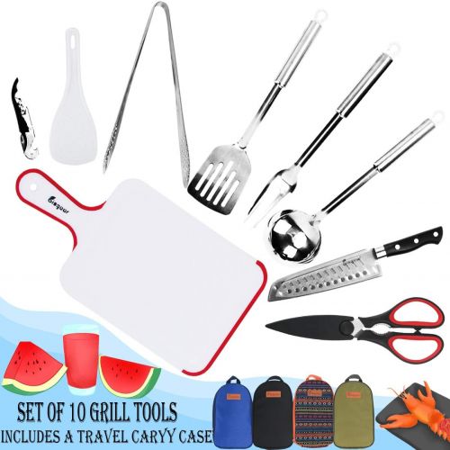  Bisgear Backpacking Camping Cookware Camp Kitchen Utensil BBQ Organizer Travel Mess Kit with Water Resistant Case, Cutting Board, Rice Paddle, Tongs, Scissors, Knife, Spork