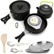 Bisgear Camping Cookware 18/8 Plates Outdoor Stove Kettle Pot Pan Mess Kit Stainless Steel Cup Utensil Backpacking Gear Bug Out Bag Cooking Picnic Cookset for 2 Person