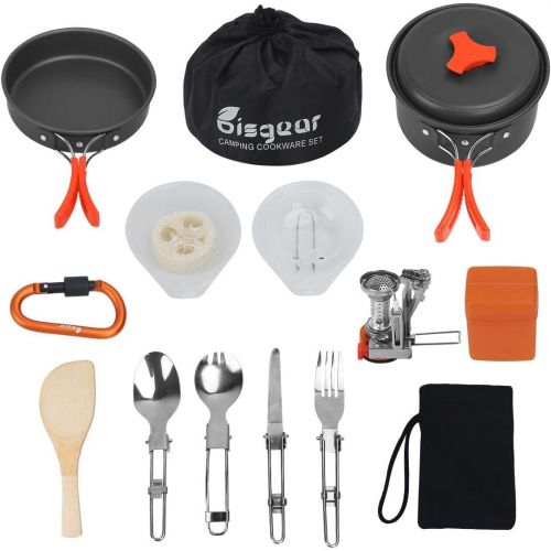  Bisgear 16 Pcs Camping Cookware Stove Carabiner Folding Spork Set + Backpacking Camping Cookware Camp Kitchen Utensil BBQ Organizer