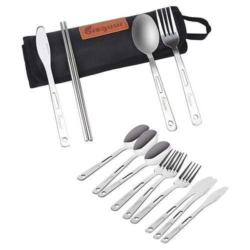 13pcs Silverware Flatware Cutlery Family Set with Travel Case, Bisgear Backpacking Camping Cookware Kitchen Stainless Steel Utensil??Include Knife Fork Spoon Chopstick