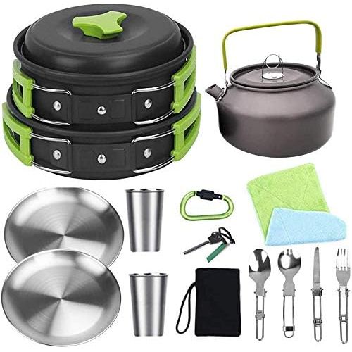  Bisgear Camping Cookware 18/8 Plates Outdoor Stove Kettle Pot Pan Mess Kit Stainless Steel Cup Utensil Backpacking Gear Bug Out Bag Cooking Picnic Cookset for 2 Person