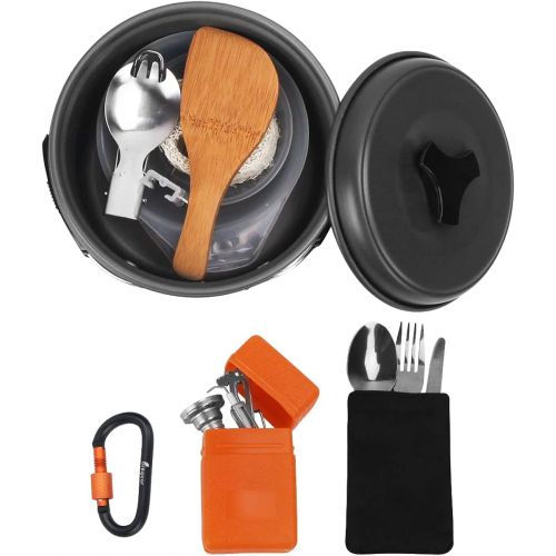  Bisgear 16 Pcs Camping Cookware Stove Carabiner Folding Spork Set Outdoor Camping Hiking Backpacking Non-Stick Cooking Picnic Knife Spoon