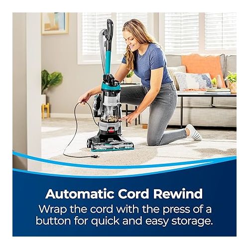  BISSELL CleanView Rewind Upright Bagless Vacuum with Automatic Cord Rewind & Active Wand, 3534, Black/Teal/Gray