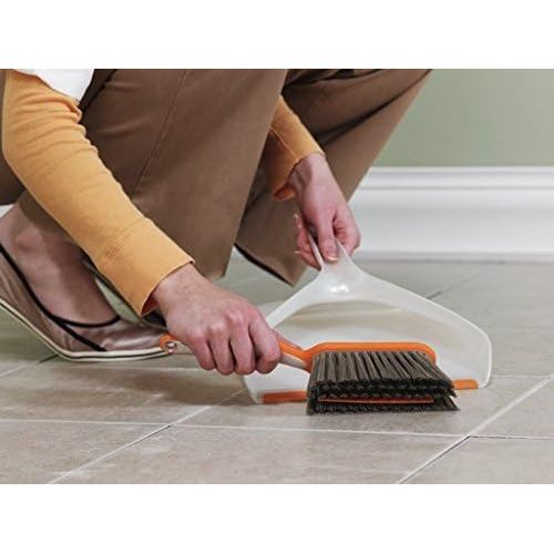  Bissell Smart Details Brush and Dustpan Set with Soft Touch no Scuff Rubber Edges, 1764, White/Orange