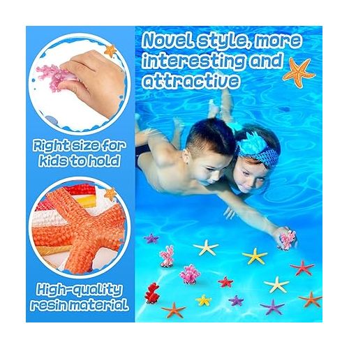  Biubee 24Pcs Diving Pool Toys for Kids - Swimming Pool Toy with Colorful Starfish Coral, Underwater Pool Toys Pool Games Pool Throw Toy for Kids Summer Pool Training Games Supply