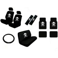 Bk 13 Piece Auto Interior Gift Set - 2 White Skull and Cross Bone Front Low Back Bucket Seat Covers, 2 White Skull and Cross Bone Head Rest Covers, 1 White Skull and Cross Bone bench