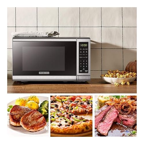  BLACK+DECKER EM720CB7 Digital Microwave Oven with Turntable Push-Button Door, Child Safety Lock, 700W, Stainless Steel, 0.7 Cu.ft