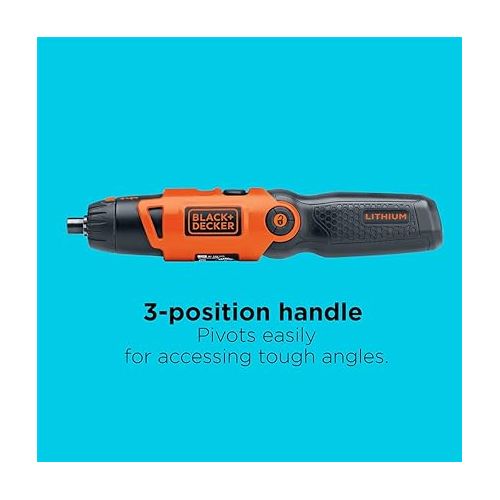  BLACK+DECKER Electric Screwdriver, Cordless, 180 RPM, 3.6V, Spindle Lock with Pivoting Handle, Charger and 2 Hex Shank Bits Included (Li2000)