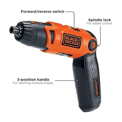  BLACK+DECKER Electric Screwdriver, Cordless, 180 RPM, 3.6V, Spindle Lock with Pivoting Handle, Charger and 2 Hex Shank Bits Included (Li2000)