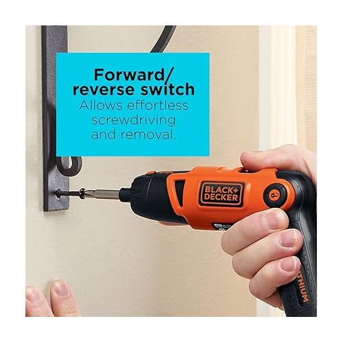  BLACK+DECKER Electric Screwdriver, Cordless, 180 RPM, 3.6V, Spindle Lock with Pivoting Handle, Charger and 2 Hex Shank Bits Included (Li2000)