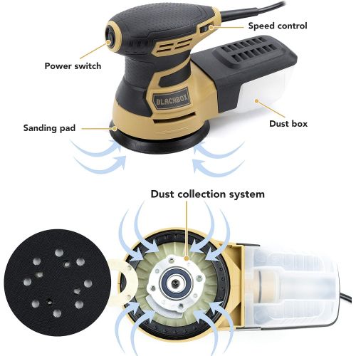  BLACKBOX BB-ROS1 5 Inch Random Orbit Sander, 6 Variable Speed Electric Sander, Sander Machine with Efficient Dust Collection System, Orbital Sanders for Woodworking Ideal for Home