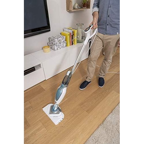  Black+Decker Dampfreiniger Steam Mop Deluxe FSM1630  Stehender Dampf Mop fuer versiegelte Hartboeden  Bodenreinigung mit waschbarem Microfaser-Pad  180° drehbarer, herausnehmbarer