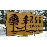 /BlackRiverWoodshop Hammock and trees Retreat camp or cabin sign Rustic carved Cedar