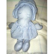 /Blastpastplush Vintage Gingham Rag doll plush cloth Blue white wearing Bonnet no tag stitched face store bought 12 Country