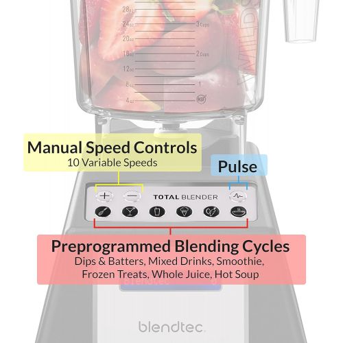  Blendtec Total Classic Original Blender with FourSide Jar (75oz volume/32 oz Wet/Dry Fillable), Professional-Grade Power, 6 Pre-programmed Cycles, 10-speeds, Black
