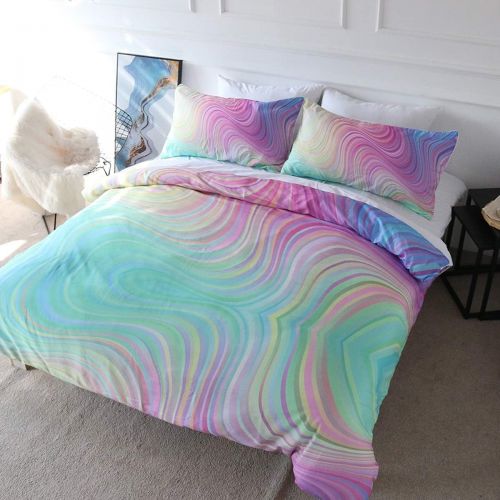  [아마존 핫딜] BlessLiving 3D Modern Pattern Bedding Set Duvet Cover Set Pastel Rainbow Marble Printed Comforter Cover 3 Pieces Bed Sets with 2 Pillow Cases (Full)