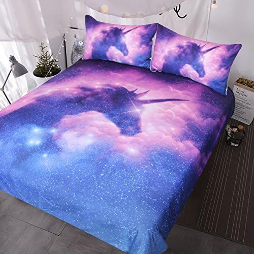  [아마존베스트]BlessLiving Galaxy Unicorn Bedding Kids Girls Psychedelic Space Duvet Cover 3 Piece Pink Purple Sparkly Unicorn Bedspread (Twin)