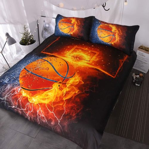  [아마존베스트]BlessLiving Basketball Bedding for Boys or Girls, 3D Shooting a Basketball, Red Flames and Blue Water, 3 Piece Sports Duvet Cover (Twin)