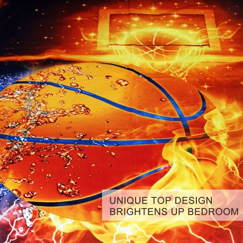  [아마존베스트]BlessLiving Basketball Bedding for Boys or Girls, 3D Shooting a Basketball, Red Flames and Blue Water, 3 Piece Sports Duvet Cover (Twin)