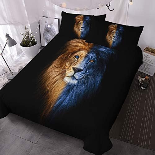  [아마존베스트]BlessLiving Lion Bedding Set Twin Size Male Lion Portrait Fire and Ice Bed Set Wild Animal Duvet Cover 3 Piece Mens Bedspread Sets