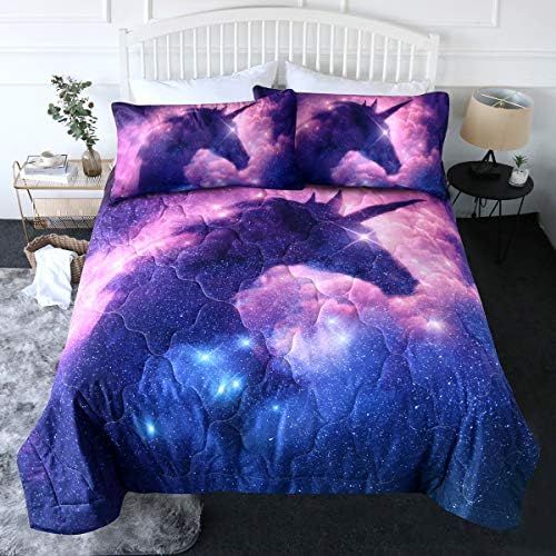  [아마존베스트]Blessliving 3 Piece Galaxy Unicorn Comforter Set with Pillow Shams Space Bedding Set 3D Reversible Comforter Twin Size Bedding Sets for Teen Girls Soft Comfortable Machine Washable