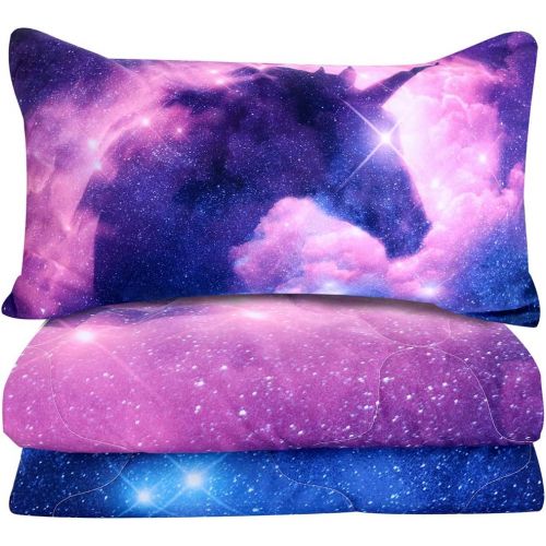  [아마존베스트]Blessliving 3 Piece Galaxy Unicorn Comforter Set with Pillow Shams Space Bedding Set 3D Reversible Comforter Twin Size Bedding Sets for Teen Girls Soft Comfortable Machine Washable