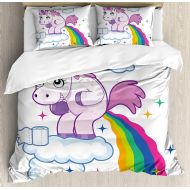BlessLiving Funy Decor Bedding Set, Unicorn Pooping Rainbow Over Clouds Creative Kids Girls Fairy Tale Fantasy Cartoon, 4 Piece Duvet Cover Set Bedspread for Childrens/Kids/Teens/Adults, Multi