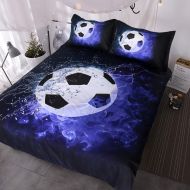 BlessLiving 3D Soccer Ball Bedding Blue Flames Teen Boys Sports Duvet Cover 3 Piece Dark Navy Blue Comforter Cover Set (Full)