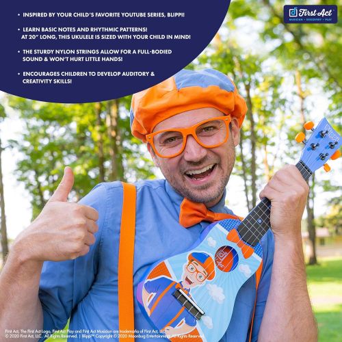  [아마존베스트]First Act Blippi Toy Ukulele, 20 Inch - Features YouTube Educational Entertainer Blippi  Ukulele for Beginners, Musical Instruments for Toddlers and Preschoolers, Ready to Play