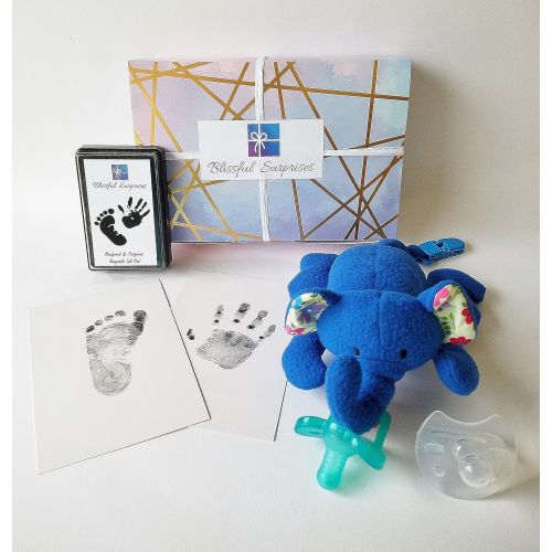  BlissfulBaby Elephant Pacifier & Handprint Footprint Gift Set - Includes Silicone Nipple Soothie 0-18...