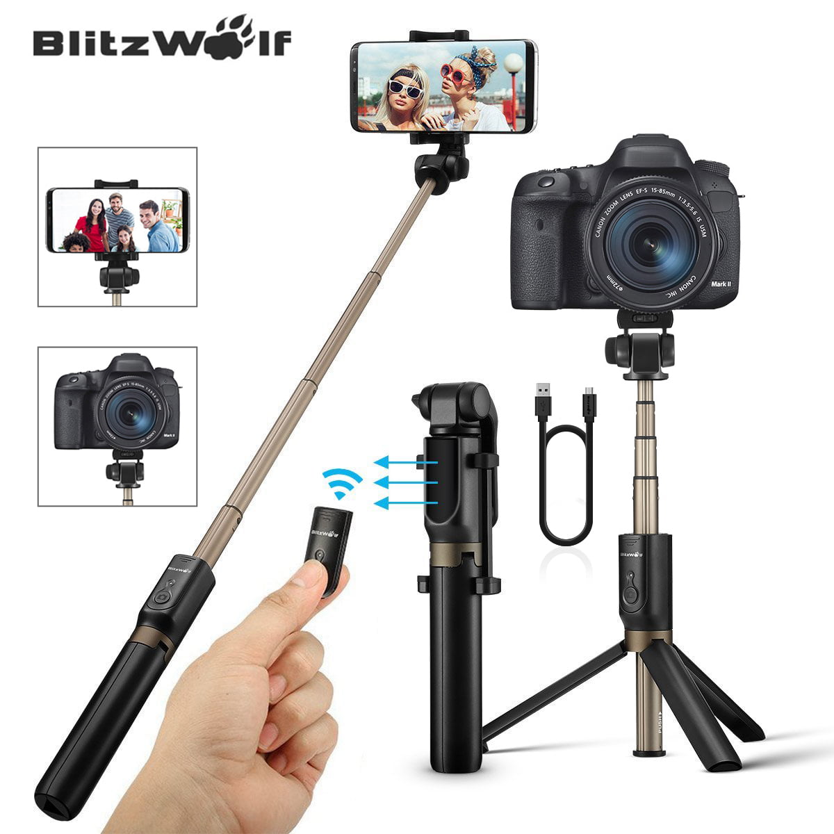 BlitzWolf Portable Bluetooth Handheld Extendable Folding Tripod Monopod Selfie Stick with Remote Controller Shutter，for Sport Action Camera 3.5-6 inch Screen Smart Mobile Phone