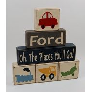 Blocks Upon A Shelf Primitive Country Wood Stacking Sign Blocks-Kids Room Decor-Oh The Places Youll Go-Car-Train-Dump Truck-Airplane-Personalized Name