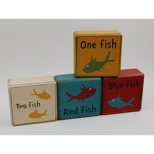  Blocks Upon A Shelf One Fish-Two Fish-Red Fish-Blue Fish - Primitive Country Wood Stacking Sign Blocks Dr. Suess Chuncky Blocks-Kids Nursery Room-Birthday-Baby Shower Decor