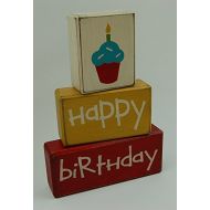 Blocks Upon A Shelf Primitive Country Wood Stacking Sign Blocks Happy Birthday-Boys/Girls Celebration Home Decor-Cupcake