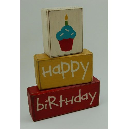  Blocks Upon A Shelf Primitive Country Wood Stacking Sign Blocks Happy Birthday-Boys/Girls Celebration Home Decor-Cupcake