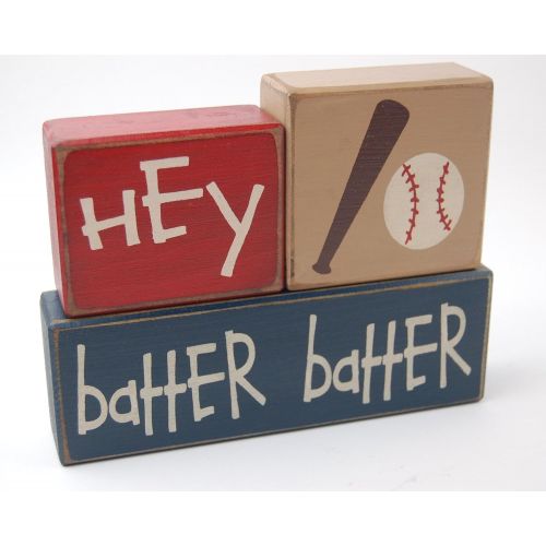  Blocks Upon A Shelf Hey Batter Batter - Primitive Country Wood Stacking Sign Blocks-Baseball Collection-Boys Sports-Nursery Room-Baseball Baby Shower-Baseball Birthday Sports Home Decor