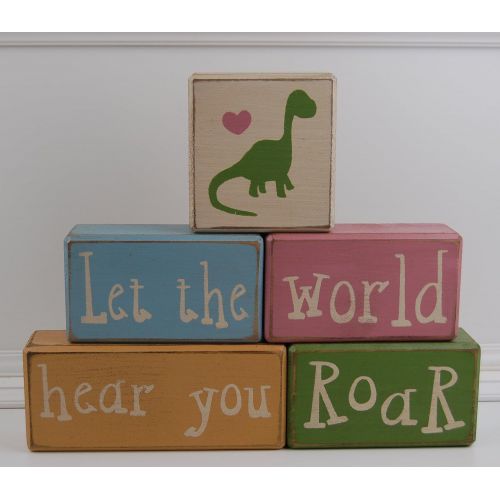  Blocks Upon A Shelf Let The World Hear You Roar Girl Set - Primitive Country Wood Stacking Sign Blocks Dinosaur Decor Childrens Room Birthday Baby Shower Centerpiece Nursery Room Decor