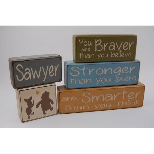  Blocks Upon A Shelf Winnie The Pooh Classic-You Are Braver Than YOu Believe-Stronger Than You Seem-Smarter Than You think - Primitive Country Wood Stacking Sign Blocks-Nursery Room-Baby Shower Gift-Bo